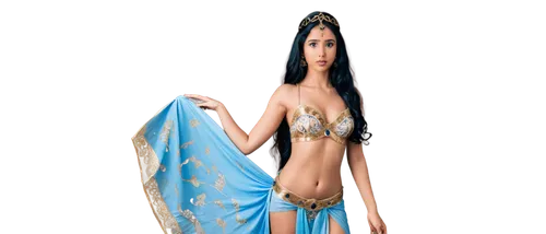 Jasmine, Arabian princess, solo, (18yo), beautiful detailed eyes, light blush, long black hair, gold earrings, white and blue belly dancer costume, bare midriff, intricate patterns on fabric, delicate