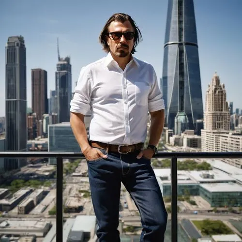 Middle-aged, male, muscular, architect, designer, Papa Mola style, standing, hands in pockets, black-framed glasses, short brown hair, stubble, white shirt, dark blue jeans, black leather shoes, holdi