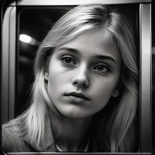 lily-rose melody depp,girl portrait,portrait of a girl,the girl at the station,blond girl,young woman,blonde girl,dark portrait,blonde woman,moody portrait,mystical portrait of a girl,portrait,madeleine,face portrait,london underground,woman portrait,train,bloned portrait,girl in a long,city ​​portrait,Photography,Black and white photography,Black and White Photography 01
