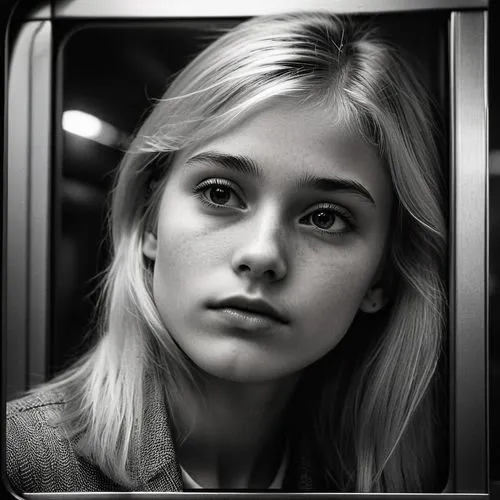 A black and white photograph of a slender vulnerable brown-eyed humble gentle shy girl with blonde hair and dark brown eyes on a train at night.,lily-rose melody depp,girl portrait,portrait of a girl,