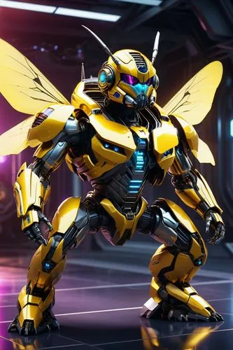 Space bumblebee with wings receiving its bachelor degree as electrical engineer., intricate furry details, iridized yellow chrome and crystal glass, combat version equipped with laser weapons, ground 