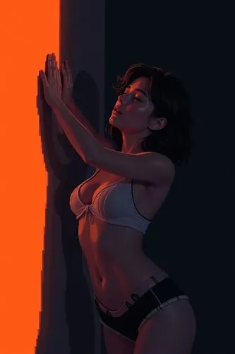 Create an intense, evocative portrait in the Japanese retro anime style of the 80s and 90s. The scene features a young woman bathed in deep light, leaning against a wall with her arms raised, eyes clo