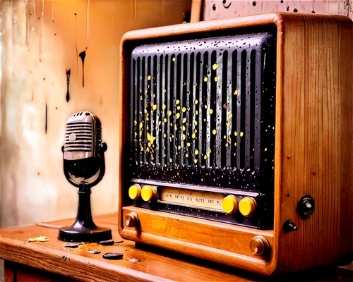 Old radio, vintage microphone, wooden cabinet, intricate carvings, retro buttons, warm glow lighting, crickets chirping sound effect, evening atmosphere, soft focus, shallow depth of field, nostalgic 