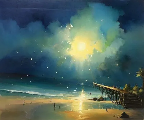 the painting is of fireworks on a beach,night scene,aivazovsky,beach landscape,evening atmosphere,sea night,christmas on beach,Illustration,Realistic Fantasy,Realistic Fantasy 16