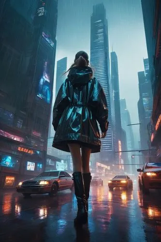 cyberpunk,bladerunner,cybercity,shadowrun,walking in the rain,pedestrian,cityzen,neuromancer,dystopian,futuristic,kaidan,kinkade,girl walking away,cyberscene,cityscape,rainfall,sci fiction illustration,cyberia,city lights,jablonsky,Photography,Documentary Photography,Documentary Photography 22