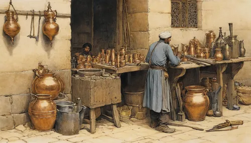 candlemaker,tinsmith,vendors,merchant,vendor,apothecary,winemaker,souk,brandy shop,perfume bottles,medieval market,morocco lanterns,peddler,artisan,the production of the beer,metalsmith,islamic lamps,gas bottles,spice market,kerosene,Illustration,Paper based,Paper Based 29