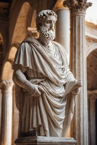 Ancient Roman, Vitruvius, De Architectura, marble statue, white toga, holding scroll, aged face, wise eyes, Roman columns, arches, ornate details, stone pedestal, naturalistic background, Renaissance 