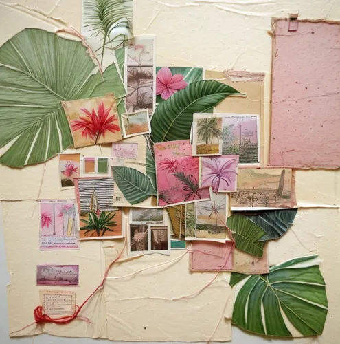 collage work of vintage tropical plants images, watercolor splahes, messy and vintage papers ,,hibiscus and wood scrapbook papers,herbarium,cardstock tree,tropical tree,vintage botanical,tropical flor