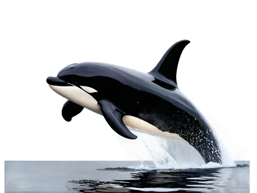 Orcinus orca, killer whale, black and white body, dorsal fin, rounded head, sharp teeth, sleek skin, swimming pose, splashing water, ocean background removed, close-up, detailed texture, wet shiny eff