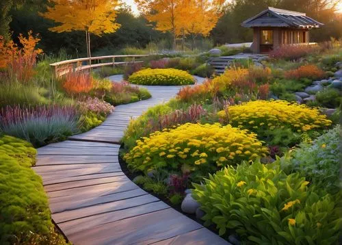 landscape designers sydney,nature garden,yellow garden,landscape design sydney,wooden path,landscaped,japanese garden,autumn borders,garden design sydney,cottage garden,japan garden,flowerbeds,garden pond,vegetables landscape,landscaping,walkway,jardin,beautiful garden flowers,japanese garden ornament,garden of plants,Illustration,Realistic Fantasy,Realistic Fantasy 26