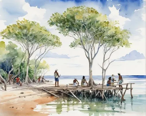 beach landscape,mangroves,eastern mangroves,heron island,the roots of the mangrove trees,watercolor background,mangrove,coastal landscape,people on beach,wooden pier,watercolor,beach scenery,water color,watercolor painting,an island far away landscape,watercolor sketch,foreshore,fraser island,watercolor palm trees,island residents,Art,Classical Oil Painting,Classical Oil Painting 02