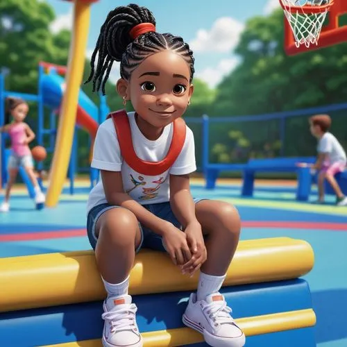 cute, 10 year old, African American, female, hairstyle in black boxbraids in a ponytail, wearing jean shorts and a white t-shirt, colorful sneaker, BACKGROUND sitting on a bench at the basketball cour