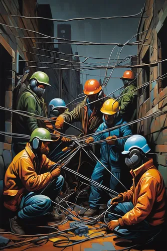 In a post-apocalyptic world, depict a group of survivors struggling to repair a crucial damaged wire.,construction workers,construction industry,welders,workers,ironworker,miners,steelworker,undergrou