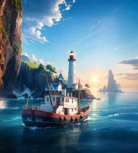 uncharted,cartoon video game background,sea fantasy,trine,lighthouses,caravel