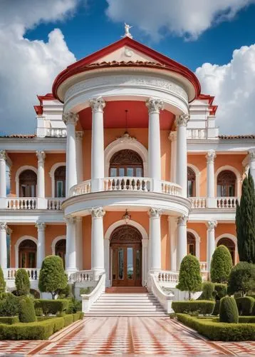 Modern Neoclassical architecture house, luxurious villa, white marble columns, ornate carvings, grand entrance, symmetrical facade, large windows, French doors, balcony with iron railings, red tile ro