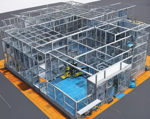 Devise a modular grid for a high-tech laboratory.,solar cell base,data center,sewage treatment plant,prefabricated buildings,3d rendering,cargo containers,animal containment facility,steel scaffolding