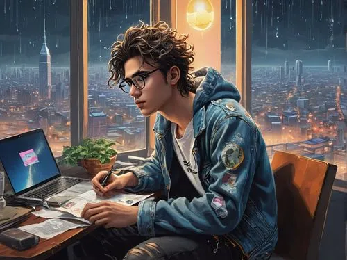 man with a computer,night administrator,computerologist,sci fiction illustration,world digital painting,ayoade,coder,cyberpunk,computer addiction,game illustration,computer freak,illustrator,akira,computer,kamurocho,librarian,computer graphic,computer business,programmer,sinjin,Illustration,Realistic Fantasy,Realistic Fantasy 43