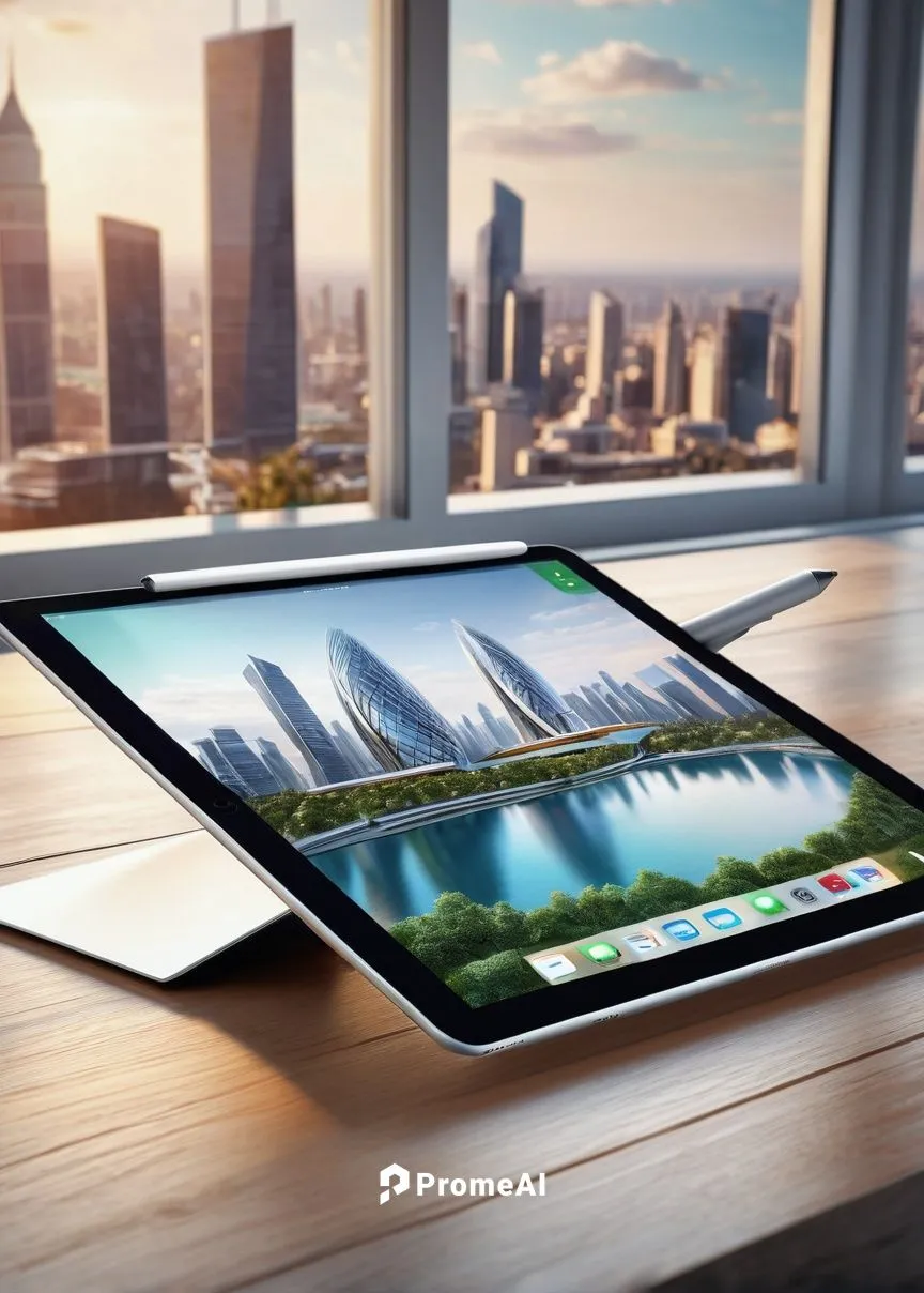 Modern iPad Pro, sleek silver body, ergonomic grip, Apple Pencil, lying on wooden desk, minimalist office, large glass windows, cityscape view, afternoon soft light, shallow depth of field, architectu