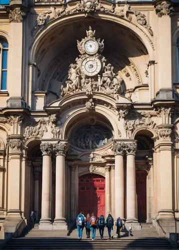 Historic academy building, Baroque style, ornate facade, grand entrance, symmetrical composition, intricate stone carvings, Czech Republic flag on top, Prague cityscape, Vltava river nearby, blooming 