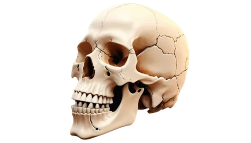 Cross-sectioned human skull, detailed anatomy, white bone, brain hemisphere, cerebral cortex, cerebellum, eye socket, nasal cavity, frontal lobe, parietal lobe, temporal lobe, occipital lobe, high-con