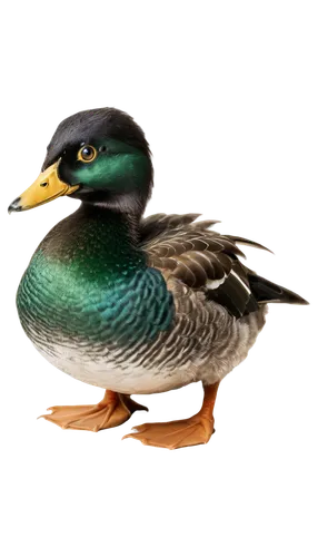 Front-facing duck, yellow beak, bright eyes, green feathers, fluffy body, webbed feet, standing, calm expression, soft focus, warm lighting, shallow depth of field, natural texture, detailed plumage.,