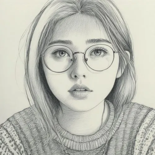 女生，眼镜，黑白，素描,a girl with glasses is wearing a sweater,girl portrait,girl drawing,graphite,pencil drawing,portrait of a girl,pencil and paper,Illustration,Black and White,Black and White 13