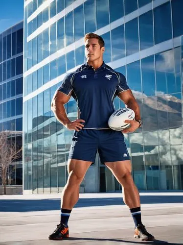 Muscular man, rugby player, athletic build, short hair, determined facial expression, wearing a sports uniform, holding a rugby ball, standing in front of a modern architectural building, glass and st