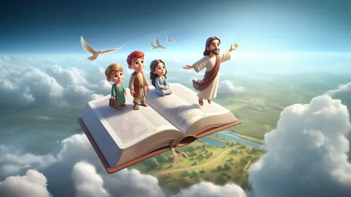 fairies aloft,sci fiction illustration,magic book,3d fantasy,hymn book,elves flight,fantasy picture,biblical narrative characters,bibel,read a book,children studying,world digital painting,digital compositing,children's background,children's fairy tale,publish a book online,open book,photo manipulation,heavenly ladder,book illustration