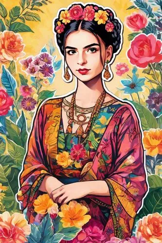 Portrait of Frida kahlo, bright and saturated colors, elegant, highly detailed, vogue, fashion magazine, sharp focus, Bright expressive makeup, Dramatic Lighting, Depth of field, Incredibly high detai