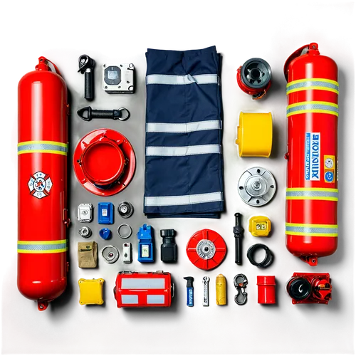 各種消防搶救器材,a red fire hydrant with various other equipment on it,lifejackets,emergency vehicle,child's fire engine,rescue resources,responders,bomberos,Unique,Design,Knolling