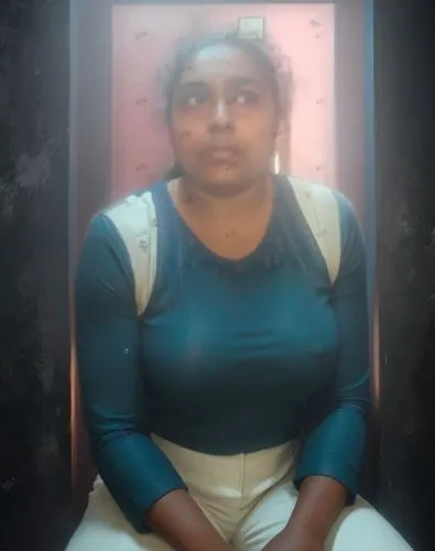 woman in green shirt sitting against wall, looking sideways,shailaja,sivakami,amritanandamayi,srividya,abhinaya,bhargavi