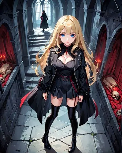 adult female demon standing in a gothic cathedral.
tall, long legs. perfect face, large breasts wide hips.
Long blonde hair, blue eyes, red lips.
leather attire, thigh high boots black leather holding