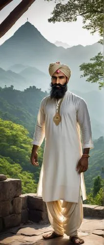 Tall, muscular Indian man, traditional turban, long black beard, piercing brown eyes, thick eyebrows, prominent nose ring, strong jawline, golden brown skin tone, intricately designed white kurta, loo