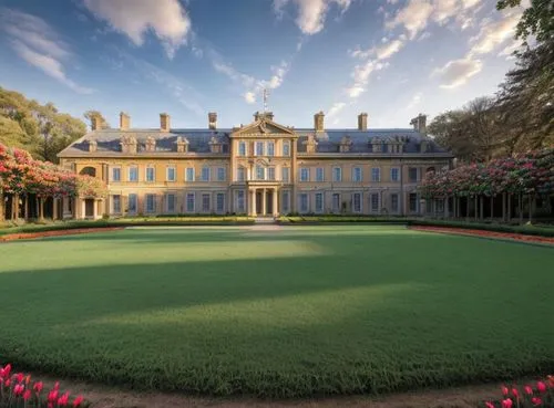 Classicist, symmetrical palace building. Park in the foreground with path and colorful tulips. Impressive driveway. Perspective view from one side rotated vertically by approx. 20 degrees. Version so 