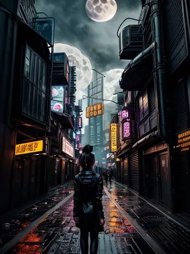 girl from behind, looking forward, in a futuristic city, darkness, cyberpunk city, wet floor, puddles, at night, neon lights, the moon in the sky, moonlight, dirty street, many lights, intricate detai