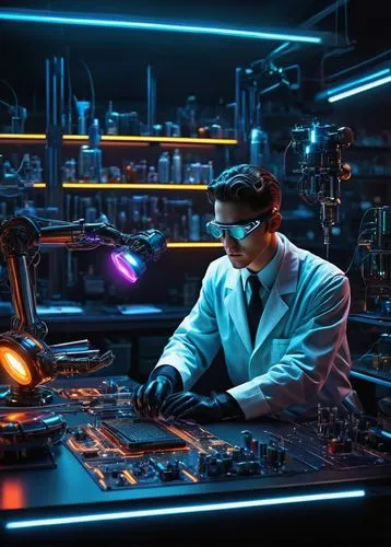 sci fi surgery room,laboratory,cyberpunk,researcher,lab,cyber glasses,elektroniki,scientist,man with a computer,theoretician physician,watchmaker,fish-surgeon,formula lab,engineer,chemical laboratory,laboratory information,biologist,electronics,microbiologist,optoelectronics,Illustration,Retro,Retro 09