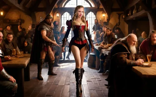 a beautiful young woman walking down a cobblestone path,morgause,witches legs,barmaid,leather boots,redcoat,deadwood