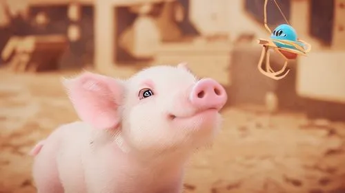 A smiling little pig and a spider,mouse bacon,lucky pig,kawaii pig,piglet barn,mini pig,barnyard,pig,suckling pig,piglet,farm animal,farmyard,farm animals,livestock,ruminants,piggybank,teacup pigs,liv