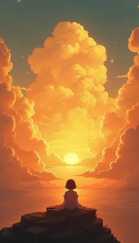 cloud mushroom,mushroom island,cloudmont,coast sunset,floating island,sun in the clouds,Illustration,Vector,Vector 03