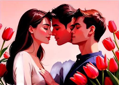 tulips,honeymoon,red tulips,two tulips,young couple,tuberose,romantic portrait,digital painting,tulip festival,gladioli,pink tulips,freesias,orange tulips,gladiolas,digital art,kiss flowers,digital illustration,digital artwork,boy and girl,tulipa,Illustration,Japanese style,Japanese Style 06