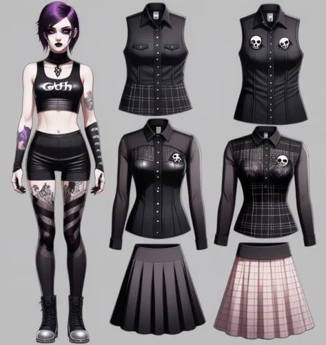 Paper doll 2d cartoon goth purple haired girl in black sleeveless shirt , black spandex shorts, complete full length fishnet and black goth knee Boots, standing surrounded by with a set of goth fashio