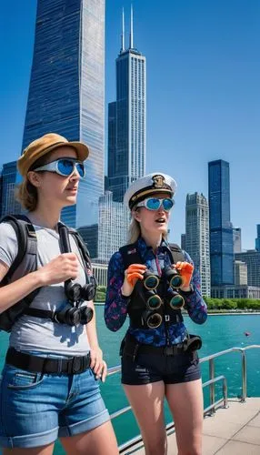 Chicago Architecture Society Boat Tour, daytime, sunny weather, calm Lake Michigan waters, 360-degree cityscape view, modern skyscrapers, Willis Tower, John Hancock Center, Tribune Tower, historic bui