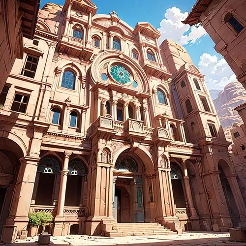 brownstone,terracotta,beautiful buildings,petra,the cairo,terracotta tiles,cagliari,genoa,grand master's palace,riad,palazzo,classical architecture,guanajuato,venetian hotel,emirates palace hotel,byzantine architecture,jewelry（architecture）,architectural style,ancient roman architecture,malaga,Anime,Anime,Traditional