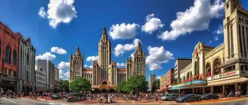 Atlanta cityscape, historic buildings, modern skyscrapers, Fox Theatre, ornate details, intricate carvings, grand staircases, marble floors, sweeping archways, urban landscape, sunny day, blue sky, fe