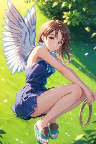 a girl sitting on the ground in front of some grass,winged heart,angel wing,winged,angel girl,garden fairy,fairy,angel wings,flower fairy,ushio,haruhi,fallen angel,anjo,angel,sakiko,angelic,aeris,ange