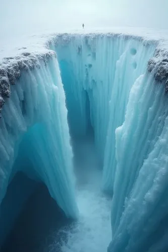 北極冰山斷崖,有一條細長的瀑布,斷崖上站著渺小的人,a large ice fall is shown with a person inside it,ice castle,icefall,crevasse,ice cave,ice curtain,icefalls