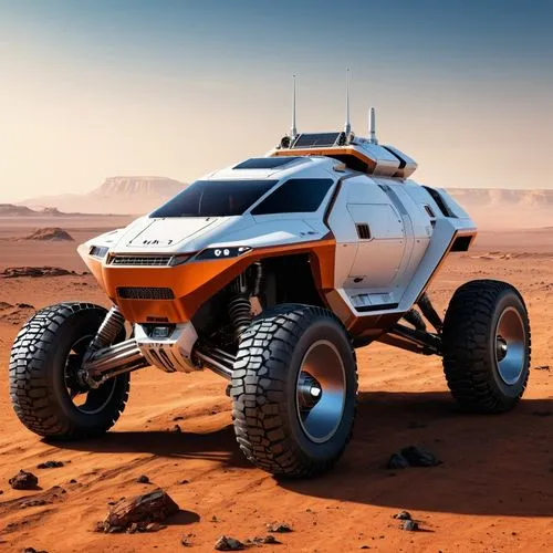 A futuristic vehicle with an exploration mission to the planet Mars for the year 2300.,a white and orange car sitting on top of a sandy field,subaru rex,mars rover,deserticola,kharak,off-road car,turo