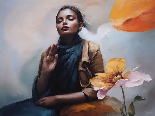 heatherley,girl in flowers,flower painting,kahila garland-lily,lotus with hands,praying woman,etty,jagannathan,holding flowers,oil painting on canvas,jeanneney,lotus blossom,oil painting,woman praying,lotus position,mystical portrait of a girl,by chaitanya k,rosa peace,champney,splendor of flowers,Illustration,Paper based,Paper Based 04