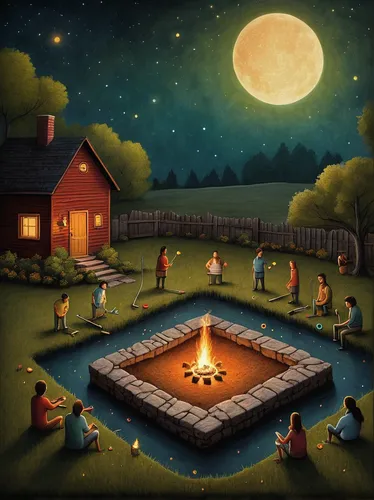 firepit,campfire,campfires,fire pit,the night of kupala,marshmallow art,night scene,game illustration,campground,camp fire,mid-autumn festival,fire bowl,chess game,wishing well,campsite,fireflies,fireworks art,tea-lights,children's background,fantasy picture,Illustration,Abstract Fantasy,Abstract Fantasy 19