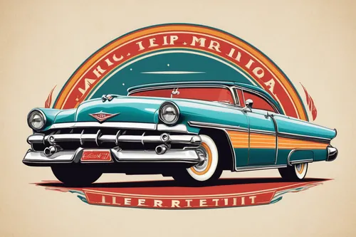 Create a nostalgic lowrider logo inspired by 1950s Americana.,hudson hornet,chevrolet bel air,retro automobile,mercury meteor,ford fairlane,american classic cars,chrysler 300 letter series,buick super